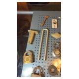 Assorted metal items. brass locks and keys etc.