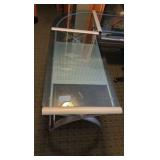 L-Shaped glass desk, chair, and 2 filing cabinets
