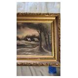 Ornate framed oil painting of a winter setting, signed
