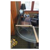 L-Shaped glass desk, chair, and 2 filing cabinets