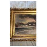 Ornate framed oil painting of a winter setting, signed