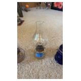 (2) Vintage oil lamps, cobalt blue jar, glass chimney