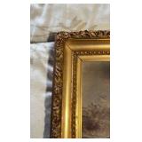 Ornate framed oil painting of a winter setting, signed