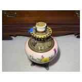 Antique oil lamp with handpainted base and chimney