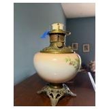 Antique oil lamp with handpainted base and chimney