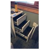 L-Shaped glass desk, chair, and 2 filing cabinets