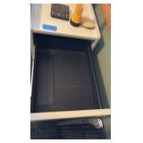 L-Shaped glass desk, chair, and 2 filing cabinets