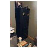 L-Shaped glass desk, chair, and 2 filing cabinets