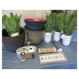 Planters, birdhouse and greenery...