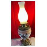 Vintage electrified glass hurricane lamp hand painted floral rose