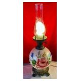 Vintage electrified glass hurricane 3-way lighted lamp hand painted floral