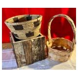 Woven basket, bark planter group