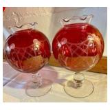 2 vintage cranberry etched glass pedestal rose bowl with scalloped rim
