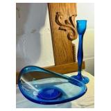 Blue art glass compote and candlestick holder Danish