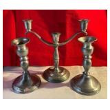3 weighted pewter candlestick holders by leonard