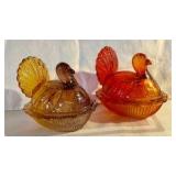 Pair glass hens on a nest, amber & red/orange amberina candy dishes