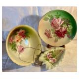 Group of 3 vintage hand painted floral rose china dishes, Lefton, Germany
