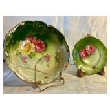 Pair of vintage hand painted transfer ware Bavria china bowl and plate