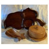 Vintage monkey pod tray, mahogany wood tray and butter dish