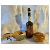 Vintage wood Norwegian and primitive bowl, trinket box, whisk broom