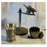 Vintage silver toned & pewter egg cup, shot glass and letter holder