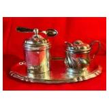 Silver tone cream & sugar set with tray and spoon