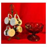 Collectable Takahashi green mushroom Salt & Pepper shaker sets with candy dish