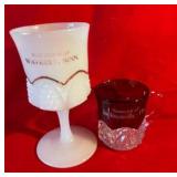 Pair of glass souvenir cups ruby red and milk glass