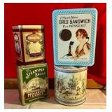 Group of 4 molasses candy, tea, cookie tins