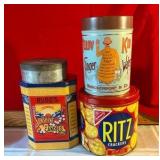 Group of 4 collectable tins, ginger wafers, sunshine candies, Ritz crackers