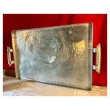 Vintage hammered aluminum large serving tray with pine cones, marked everlast metal