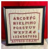 Vintage framed embroidered sampler Astrid gran