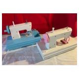 Pair of vintage plastic toy sewing machines Sew-N-Play, Rainbow girl