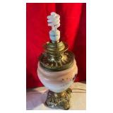 Vintage electrified glass hurricane lamp hand painted floral rose
