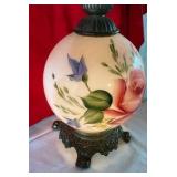 Vintage electrified glass hurricane 3-way lighted lamp hand painted floral