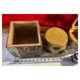 Woven basket, bark planter group