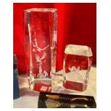 Group of 3D Etched Birds and Christmas scene paperweights