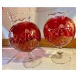 2 vintage cranberry etched glass pedestal rose bowl with scalloped rim