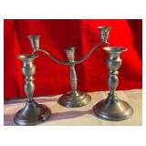 3 weighted pewter candlestick holders by leonard