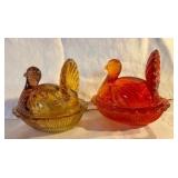 Pair glass hens on a nest, amber & red/orange amberina candy dishes