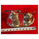 Silver tone cream & sugar set with tray and spoon