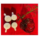 Collectable Takahashi green mushroom Salt & Pepper shaker sets with candy dish