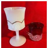 Pair of glass souvenir cups ruby red and milk glass