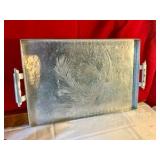 Vintage hammered aluminum large serving tray with pine cones, marked everlast metal