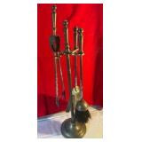 Vintage brass fireplace tool set, urn-style finials with matching stand