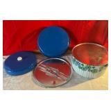 Vintage retro blue and white daisy tin cake container