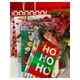 Group of vintage and newer christmas holiday decor and bags