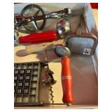 Vintage group of various kitchen utensil, red wood bakelite handled