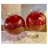 2 vintage cranberry etched glass pedestal rose bowl with scalloped rim