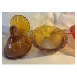 Pair glass hens on a nest, amber & red/orange amberina candy dishes